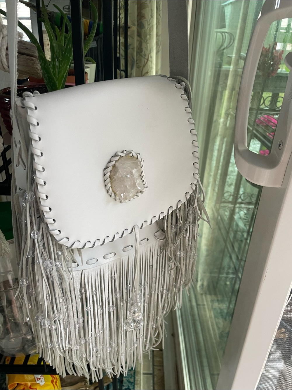 White Leather Fringe Crossbody Bag with Crystal